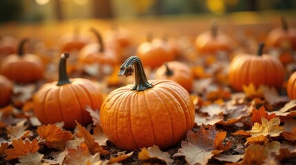 Pumpkins in Autumn Fall Scene with Orange Leaves and Warm Lighting