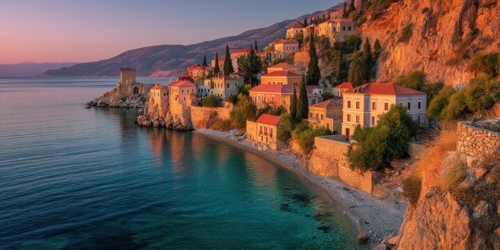 Timeless European village on cliffs at golden hour, overlooking tranquil sea - Powered by Adobe