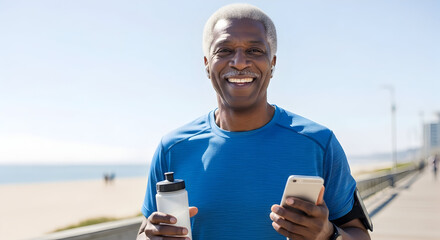 Healthy Senior Man Jogging Outdoors Beach Fitness Active Lifestyle Retirement Wellness Exercise Mobile Phone Water Bottle Smiling Happy Mature Adult