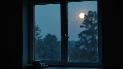 Dark Indoor Window Scene with Moonlight and Spider Web in Night Setting