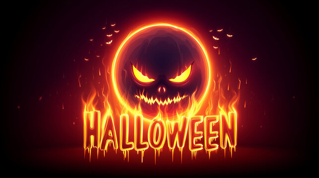 A terrifying halloween illustration of a demonic jack-o'-lantern sphere engulfed in hellfire, featuring glowing evil eyes, a sinister grin, and burning halloween text.