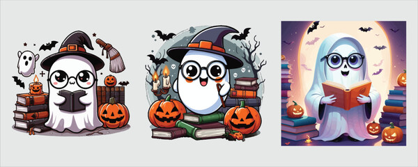Vector art of cute ghost reading book on halloween night