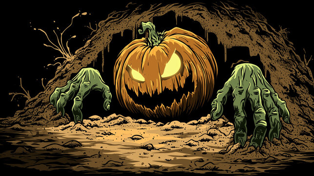 Emerging from a dark earthen grave, a menacing jack-o'-lantern with zombie hands creates a terrifying scene in this detailed halloween horror illustration.