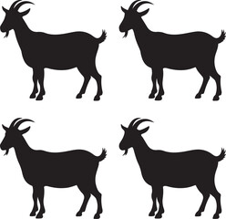 Four identical black silhouettes of a goat standing on a white background animal farm