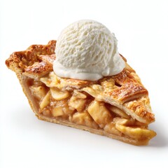 Delicious slice of warm apple pie topped with a scoop of creamy vanilla ice cream on a white background