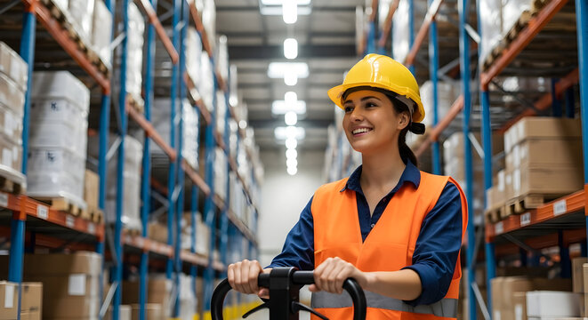 Smiling female warehouse worker operating a pallet jack in a large distribution center efficient logistics happy employee industrial work safety