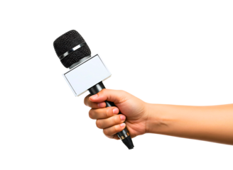 Journalist hand holding microphone for interview isolated on transparent background