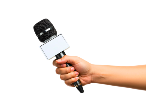 Journalist hand holding microphone for interview isolated on transparent background