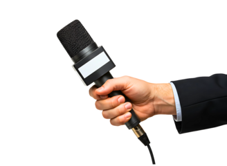 Journalist hand holding microphone for interview isolated on transparent background