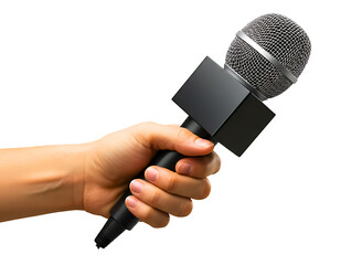 Journalist hand holding microphone for interview isolated on transparent background