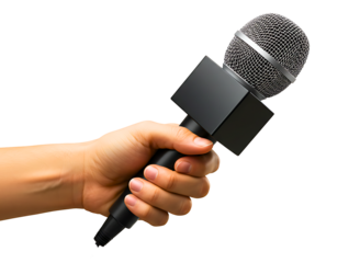 Journalist hand holding microphone for interview isolated on transparent background