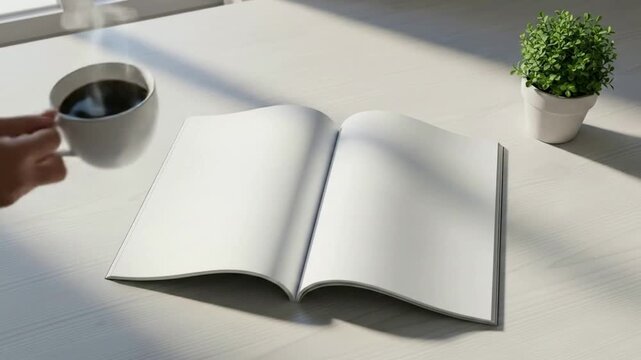 Open Blank Magazine Mockup with Coffee and Plant on Bright Table