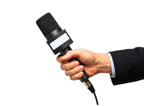 Journalist hand holding microphone for interview isolated on transparent background