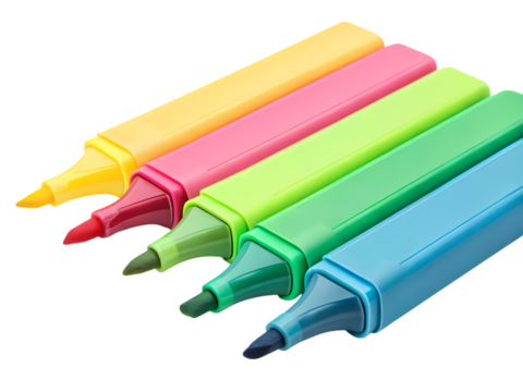 Five Fluorescent Highlighters Arranged on White Background on transparent background