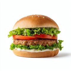 Deliciously crafted vegetarian burger with fresh lettuce tomato and creamy sauce on a sesame seed bun