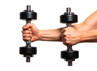 Man s hands gripping dumbbells for weightlifting isolated on transparent background