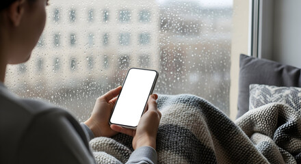 Woman using smartphone cozy blanket rainy day window view mockup template app design mobile phone screen blank display
