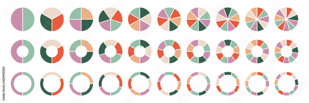 Poster flat pie and donut chart icons in modern pastel palette. minimal geometric circle segment from 1 to 