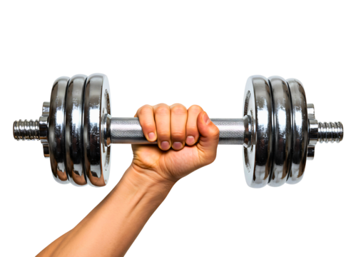 Man s hands gripping dumbbells for weightlifting isolated on transparent background - Powered by Adobe