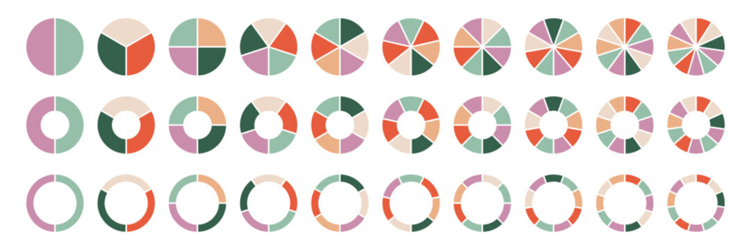 Flat pie and donut chart icons in modern pastel palette. Minimal geometric circle segment from 1 to 11 for infographics, dashboards, UI design, presentation, analytics, statistics, marketing report
