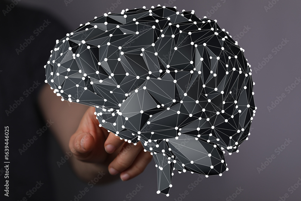 Poster hand interacting with a digital 3d model of a brain, representing neural networks and ai.