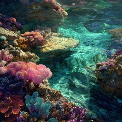Obraz premium Vibrant coral reef shallows sunlit ocean; background tranquil underwater scene; use marine conservation