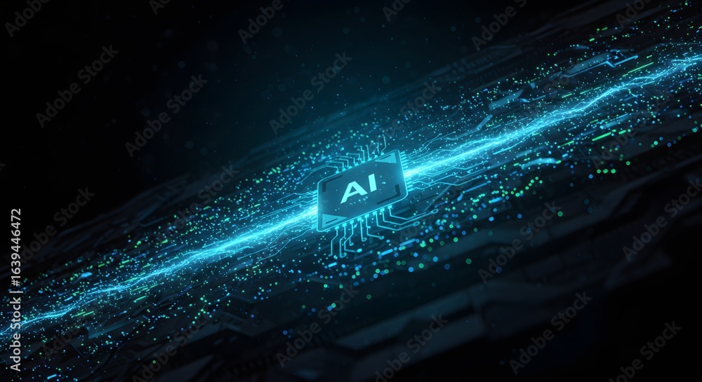 Poster a glowing ai chip is centered on a circuit board with bright blue light emanating from it, suggestin