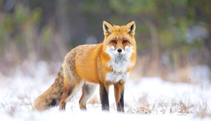 Obraz premium Alert Red Fox Standing in Snowy Winter Landscape, Looking Directly at the Camera