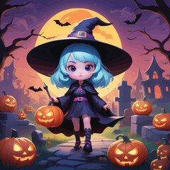 Vector art of cute witch with pumpkin in halloween
