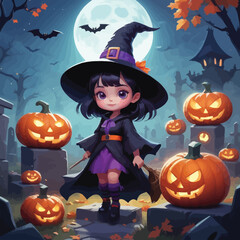 Vector art of cute witch in halloween night scene