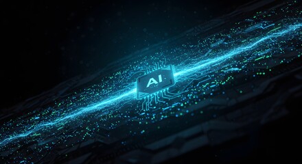 A glowing AI chip is centered on a circuit board with bright blue light emanating from it, suggesting advanced technology.