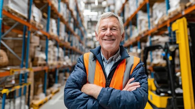 Warehouse Supervisor: Portrait of an experienced warehouse supervisor, beaming with confidence amidst rows of stored goods. His presence highlights dedication and expertise within a busy.