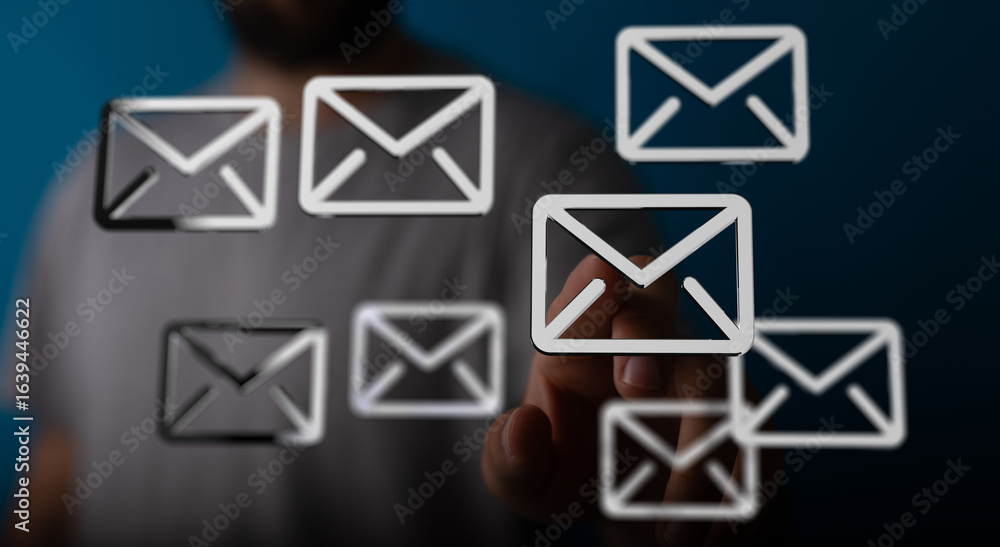 Poster person interacts with digital email icons, showcasing efficient inbox management.