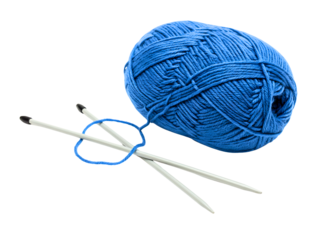 Blue yarn ball with knitting needles isolated on transparent background