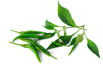 Fresh green chili peppers with leaves isolated on white background. Perfect for cooking, spicy...