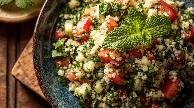 Fresh tabbouleh salad with bulgur, parsley, tomato, cucumber, and mint leaves in rustic bowl