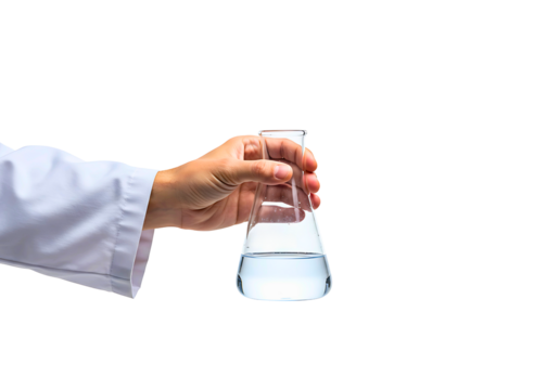 Hand holding erlenmeyer flask with yellow liquid isolated on transparent background