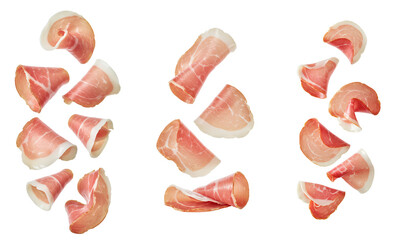 Prosciutto slices falling down set PNG. Prosciutto
pieces flying isolated. Prosciutto suspended in air for culinary concepts and Mediterranean condiment PNG. Meaty Prosciuttos full of protein isolated