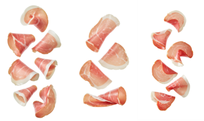 Prosciutto slices falling down set PNG. Prosciutto
pieces flying isolated. Prosciutto suspended in air for culinary concepts and Mediterranean condiment PNG. Meaty Prosciuttos full of protein isolated