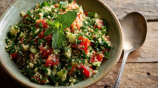 Fresh tabbouleh salad with parsley, tomatoes, cucumber, bulgur, and mint in rustic bowl, traditional Middle Eastern dish 