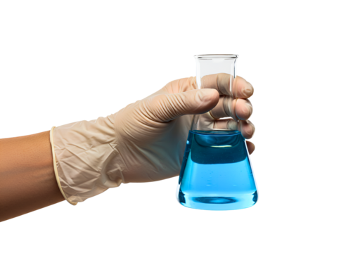 Hand holding erlenmeyer flask with yellow liquid isolated on transparent background