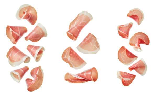 Prosciutto slices falling down set PNG. Prosciutto
pieces flying isolated. Prosciutto suspended in air for culinary concepts and Mediterranean condiment PNG. Meaty Prosciuttos full of protein isolated