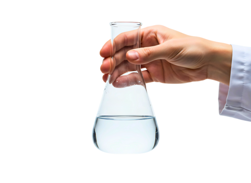 Hand holding erlenmeyer flask with yellow liquid isolated on transparent background