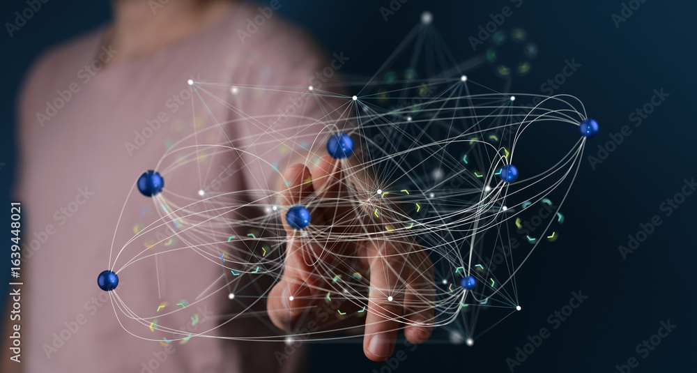 Poster abstract image depicting a network of connections, data points, and global interconnectivity.