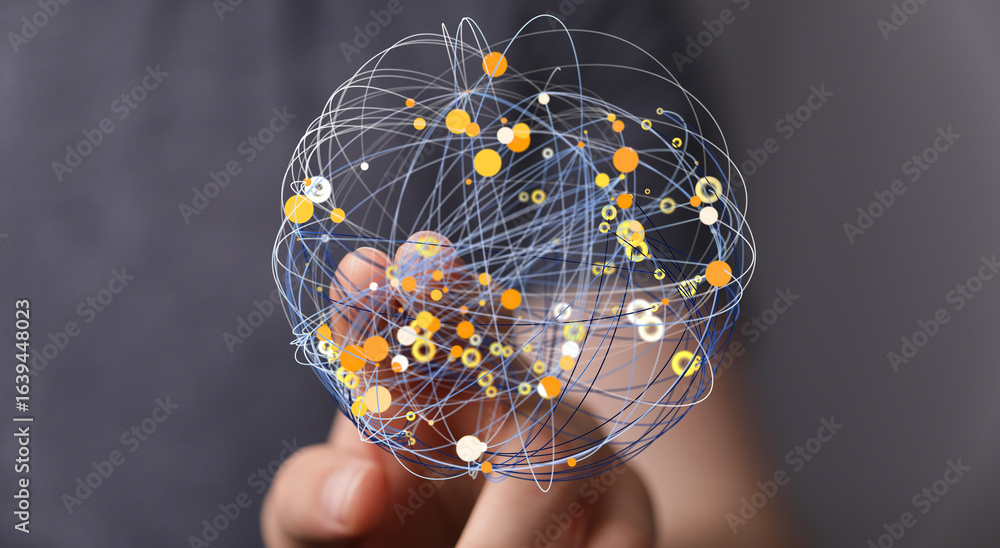 Poster abstract image depicting a network of connections, data points, and global interconnectivity. ideal 