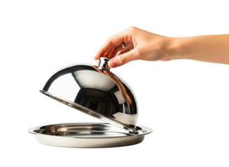 Hand lifting a silver cloche lid from a serving platter isolated on transparent background