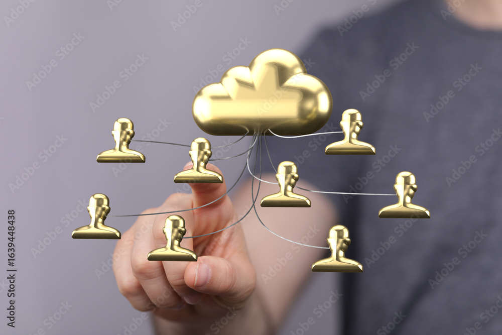 Poster golden cloud icon symbolizes secure data sharing and collaboration among multiple users in a network