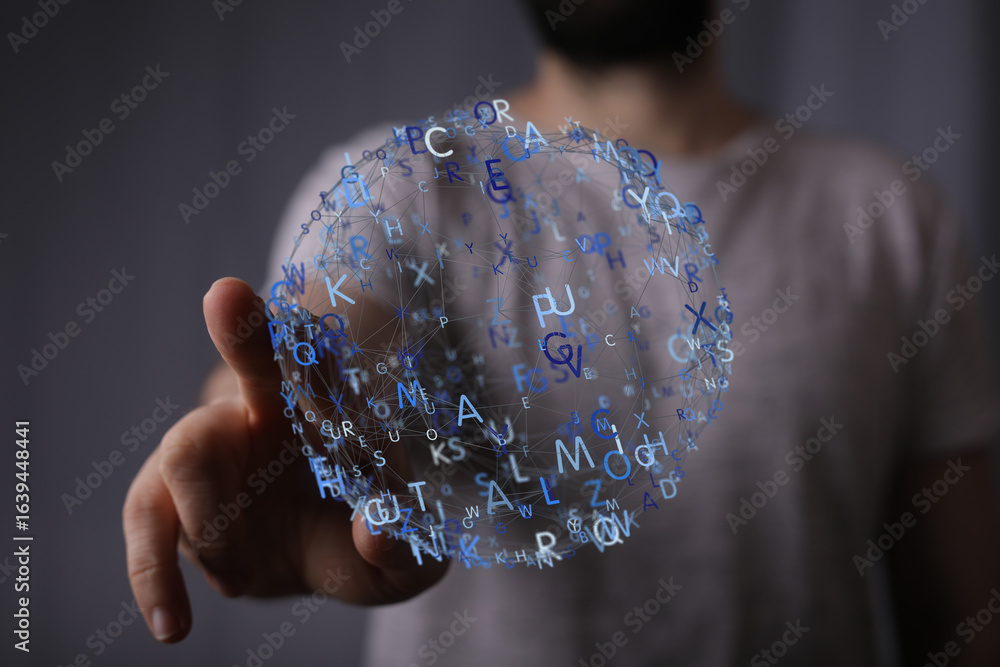 Aufkleber abstract image of a person interacting with a digital sphere of letters. ideal for technology, commu
