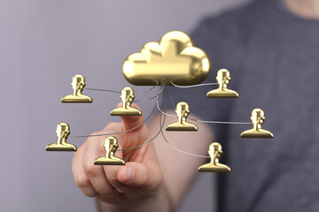 Golden cloud icon symbolizes secure data sharing and collaboration among multiple users in a...