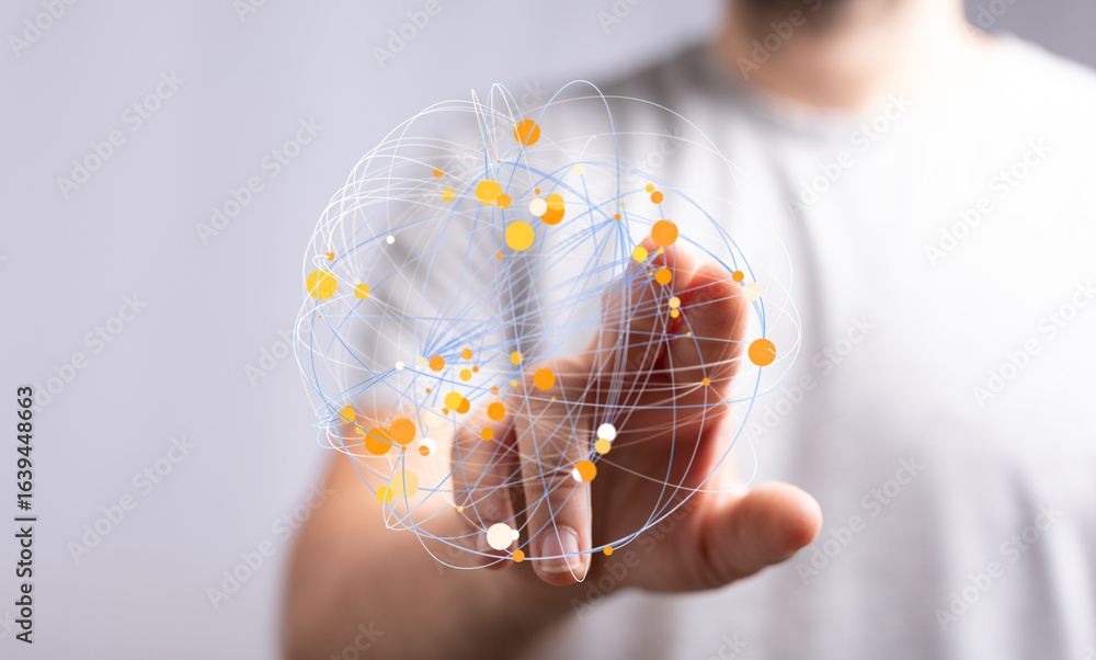 Poster person interacts with a digital network, showcasing global connectivity and data flow.